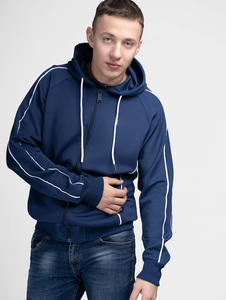Veste athlétique légère à capuche pour hommes avec capuche et cordon de serrage contrastés et poches latérales de couleur bleue - Product Image 6
