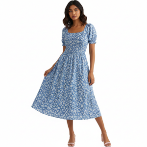 Vestido Maxi de Verano para Mujer Unity Luxure, Verde, con Estampado Floral, Volantes, Casual, Elegante, con Hombros Abullonados y Manga Corta - Product Image 1