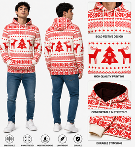 Sudadera con Capucha Extra Grande para Hombre, Color Rojo y Blanco, Informal, Otoñal, Tejido de Forro Polar Transpirable y Elástico - Product Image 1