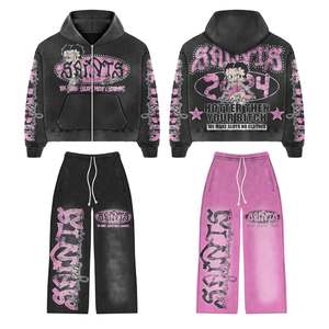 Sérigraphie personnalisée Sweat à capuche épais délavé au soleil Costume de survêtement évasé pour hommes Survêtement vintage surdimensionné délavé à l'acide unisexe - Product Image 4