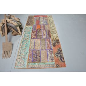 Alfombra turca vintage ecléctica de 3,4x7,8 pies, lana de área grande Beige con patrón de pasillo de retazos abstractos, respaldo de látex para habitaciones - Product Image 1