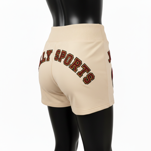 Shorts de sport pour femmes, 260 GSM, coton doux, élasthanne, molleton beige crème, broderie chenille, logo personnalisé. - Product Image 5