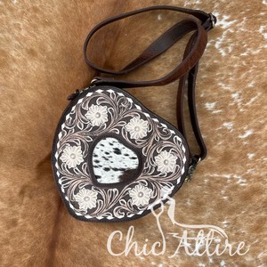 Best Selling Women's Western Cowhide Genuine <b>Leather</b> Floral <b>Purse</b> Heart-Shaped Crossbody Handbag Zipper Closure Cowgirl Style - Product Image 1