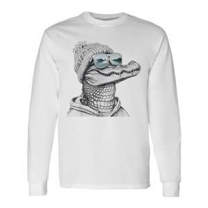 T-shirt a maniche lunghe con coccodrillo e occhiali da sole, stile retrò vintage, cool e rilassato - Product Image 1