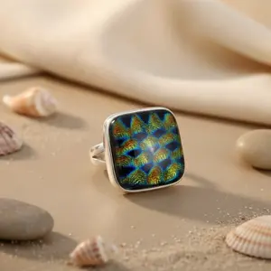 925 <b>Silver</b> Dichroic Glass <b>Statement</b> <b>Ring</b> for Women Resizable Gemstone Jewelry Hand-shaped Rainbows Inlay Licensed Private Brand - Product Image 1