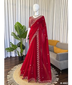 Sari de Diseño Étnico Indio en Seda Fendy con Bordado de Hilos y Lentejuelas para Bodas y Festivales - Product Image 1