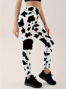 "Leggings de yoga imprimés vache pour femmes, pantalons de fitness taille haute, collants d'exercice extensibles à motif noir et blanc" - Product Image 5