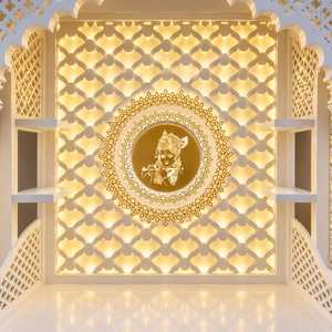 <b>Pooja</b> <b>Mandir</b> <b>Home</b> Temple 5 Feet Wide 7 Feet Tall Designer Wooden Hindu Prayer Unit with LED Backlit Panel Intricate Jaali Work - Product Image 4