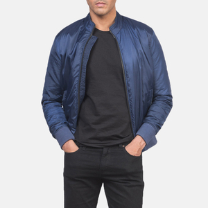 Chaquetas para hombre, chaqueta bomber de satén azul personalizada, ropa de calle ligera con cremallera, prendas de vestir exteriores informales a la moda, venta al por mayor - Product Image 5