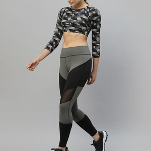 High Waist Color Blocked Yoga Leggings Full Length Mesh Panel Spandex Nylon Four-Way Stretch Pants - Product Image 4