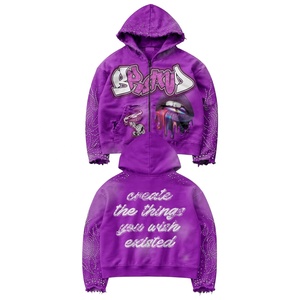 Sweat-shirt surdimensionné en coton épais personnalisé pour l'hiver, lavage à l'acide, impression numérique, broderie sur les manches, strass, effet délavé, service OEM - Product Image 1