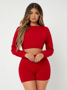 เซ็ตเสื้อวอร์มและกางเกงขาสั้นสำหรับผู้หญิงชุดวอร์ม2ชิ้นเสื้อครอปและกางเกงขาสั้นใหม่ - Product Image 4