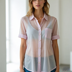 Camisa corta de malla transparente con botones para mujer, camisa transparente de manga larga con cuello vuelto, camisas cortas de malla transparente para mujer - Product Image 4