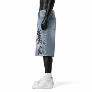 Pantalones Cortos de Mezclilla Estampados para Hombre, Estilo Baggy, Lavado Vintage, Streetwear, Corte Holgado, Largura hasta la Rodilla, Venta al Por Mayor OEM - Product Image 4