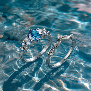 Ensemble de bagues de mariée Jeulia Song of the Spring avec diamants bleus ronds - Product Image 3