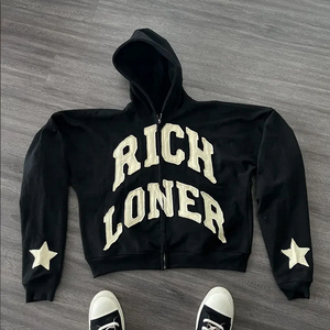 2025 Arikesi Logo personalizado parche desgastado bordado Faded French Terry Hoodie Unisex lavado ácido con cremallera patrón de impresión sólida - Product Image 4