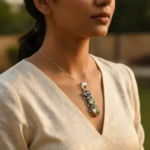 Collar con Colgante de Plata 925 con Múltiples Piedras Preciosas para Mujer, con Oro Rosa y Platino, Joyería de Regalo con Dijes de Cuentas - Product Image 2