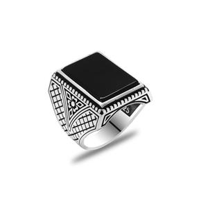 Anello da uomo rettangolare nero in pietra onice Design italiano 925 in argento Sterling - Product Image 3