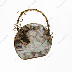 Handcrafted Round Mother of <b>Pearl</b> Shell <b>Clutch</b> with Gold Wire Handle Luxury Evening Bridal Party Statement Bag for Women Gifts - Product Image 4