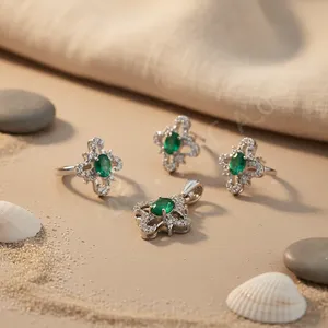 Ensemble de bijoux pour femme Art Palace en argent 925, émeraude, style religieux, forme florale, taille ovale, collier, boucles d'oreilles, bague de fiançailles - Product Image 1