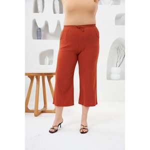 RMG <b>Plus</b> <b>Size</b> Wide Leg Cotton Capri Pants for Women - Comfortable Knitted Terracotta Calf-Length Trousers - Product Image 4