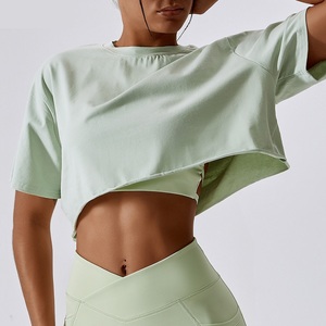 Streetwear personnalisé polyester coton haut court t-shirt le plus populaire bonne qualité femmes épaule tombante surdimensionné haut court t-shirts - Product Image 2