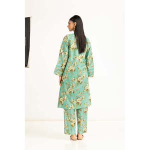 Ensemble coordonné décontracté pour femmes en tissu crêpe vert marine imprimé, taille XXS, tenue 2 pièces pour le printemps/été - Product Image 2