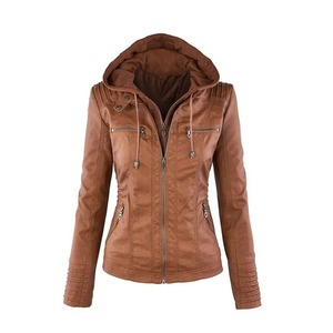 Veste en cuir à capuche pour femme, chapeau détachable, fermeture éclair, manches longues, peluche, coupe ajustée, veste de moto, hiver - Product Image 5