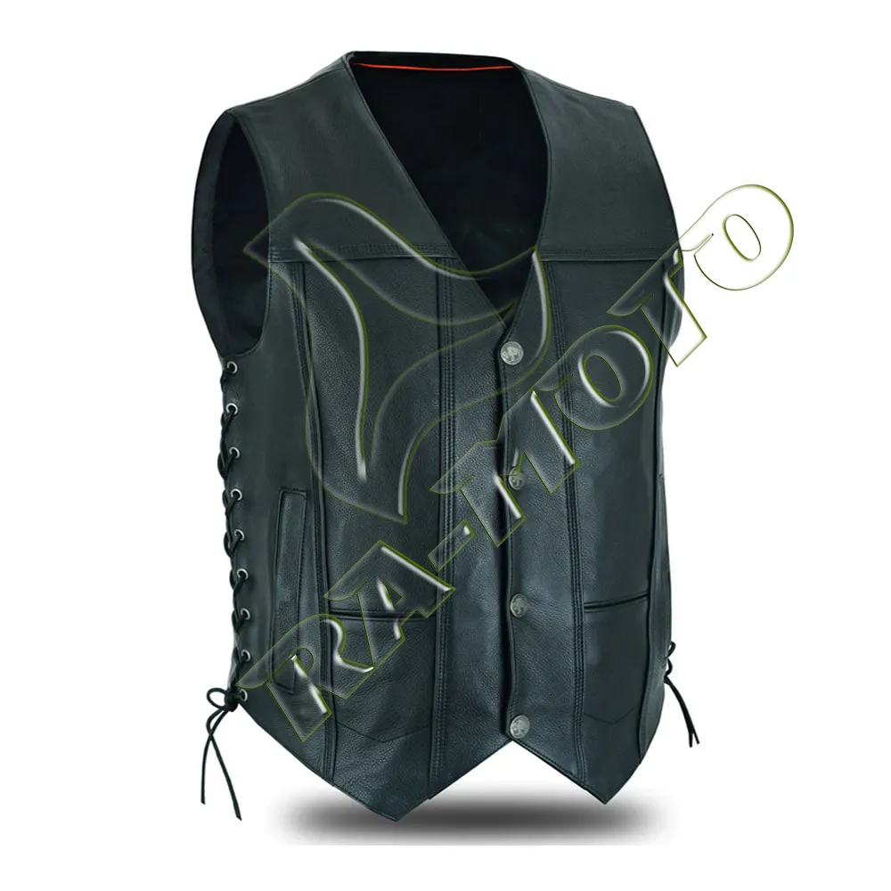 Top Wholesale Motorcycle Leather Vest Men's and Women's Lapel Oblique Zipper Waist Drawstring Red Cow Skin Vests
