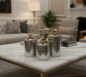 Elegant European Handcrafted Stainless Steel Hammered Silver <b>Canisters</b> Gold Butterfly Lids-Eco-Friendly Decorative Tableware - Product Image 2