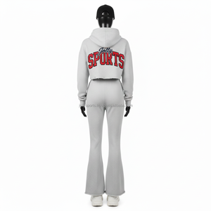 Ensemble de survêtement pour femme, texture gaufrée de luxe, mélange de coton 270 GSM, gris, sweat à capuche court, bas évasé, logo brodé, survêtement grande taille - Product Image 2