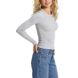 Venta al por mayor 100% algodón mujeres Casual manga larga Camiseta Logo impreso cuello redondo Camiseta básica patrón sólido de alta calidad - Product Image 6