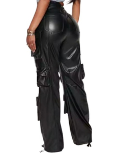 Pantalones Cargo de Cintura Alta, Transpirables, de Piel Sintética, con Bolsillos Planos, Estilo Urbano, Pierna Ancha, Casuales, Largos, para Hombre y Mujer, Lavados - Product Image 6