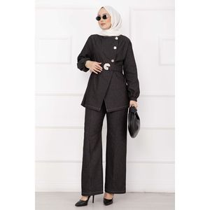 Premium Gold <b>Buttoned</b> Belted Denim Women's <b>Suit</b> Set Black Color - Product Image 4