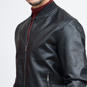 Chaqueta de Cuero Personalizable al por Mayor, Negra, de Manga Larga, con Ribete de PU, 100% de Alta Calidad, Corte Ajustado Regular, Informal, para Invierno - Product Image 2