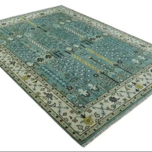 Tapis traditionnel turc vintage vert aqua et ivoire |   Tapis persans en laine nouée pour la décoration du salon et de la chambre - Product Image 1