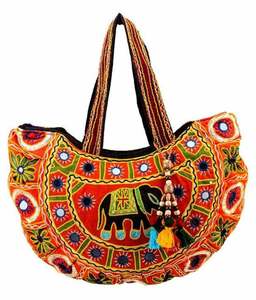 Hermoso Bolso de Hombro Tipo Tote para Mujer, Hecho a Mano en India, con Bordado de Elefante Tallado y Trabajo de Espejo, de Algodón de Color Sólido, Portátil y Abierto - Product Image 1