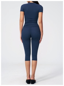 Custom Navy Blue 2 Piece Yoga Set Halter <b>Crop</b> <b>Top</b> 2026 High Waist Calf-Length Leggings Seamless Solid Color Activewear - Product Image 3