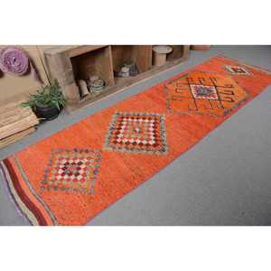 Alfombra turca Vintage naranja étnica 2,9X10,5 pies respaldo clásico de látex de lana de área grande para decoración para sala de estar patrón de retazos - Product Image 5