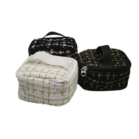 Élégante trousse de maquillage en microfibre tweed, petite taille, motif géométrique, fermeture éclair métallique, poignée souple portable, sac de rangement pour maquillage