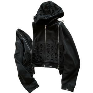 Sudaderas con capucha personalizadas de algodón de peso pesado con cremallera de rizo francés y manga desgastada lavada con ácido con cremallera completa para hombres con estilo único - Product Image 1