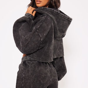 Sweat à capuche court en coton de haute qualité délavé à l'acide séchage rapide respirant motif solide nouveauté noir ourlet brut avant hiver essentiel - Product Image 2