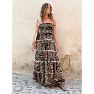 Elegant Boho Maxi <b>Dress</b> for Women Linen African Print Embroidery Long Multi-Gathered Strap Sleeves Ruffled Lace-Up for - Product Image 3