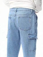 Erkek Kaplamalı Nefes Alabilen Orta Bel Slim Fit İspanyol Paça Eskitme Görünümlü Patchwork Kargo Kot Pantolon Ön Arka Cepli Sokak Modası Yıkanmış