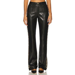 Top High Waist Black PU Leather Wide Leg Pants With Gold Rivet Trim Moto Style Full Length Loose Fit Autumn Wear - Product Image 3