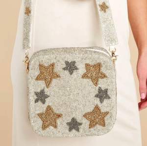 กระเป๋าถือพร้อมสายรัดครีมซิลเวอร์โกลด์สตาร์ประดับลูกปัดสายคาดลำตัวรูปดาว - Product Image 2