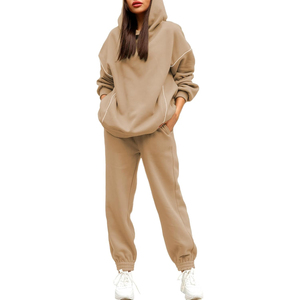 Women's 2025 Winter Hooded Solid Streetwear Sweat Suit Set for Fitness & Outdoor Activities-100% Cotton Fleece - Product Image 1