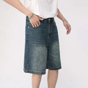 กางเกงยีนส์ขาสั้นผ้าฝ้าย100% สำหรับผู้ชายกางเกงขาสั้นผ้ายีนส์ซักเสื้อผ้ากีฬาตกแต่งลายพื้น - Product Image 4