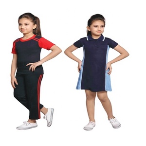 Girls School Children <b>Black</b> Round Neck T-Shirt with Track Pant and Blue <b>Pinafore</b> Dress Set for Sports Uniform - Product Image 1