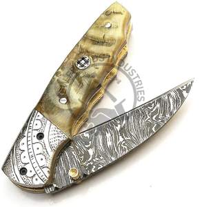 Cuchillo plegable de bolsillo de madera de acero de Damasco hecho a mano EDC de grado Industrial de caza de alta calidad duradero OEM artesanía de precisión personalizada - Product Image 6